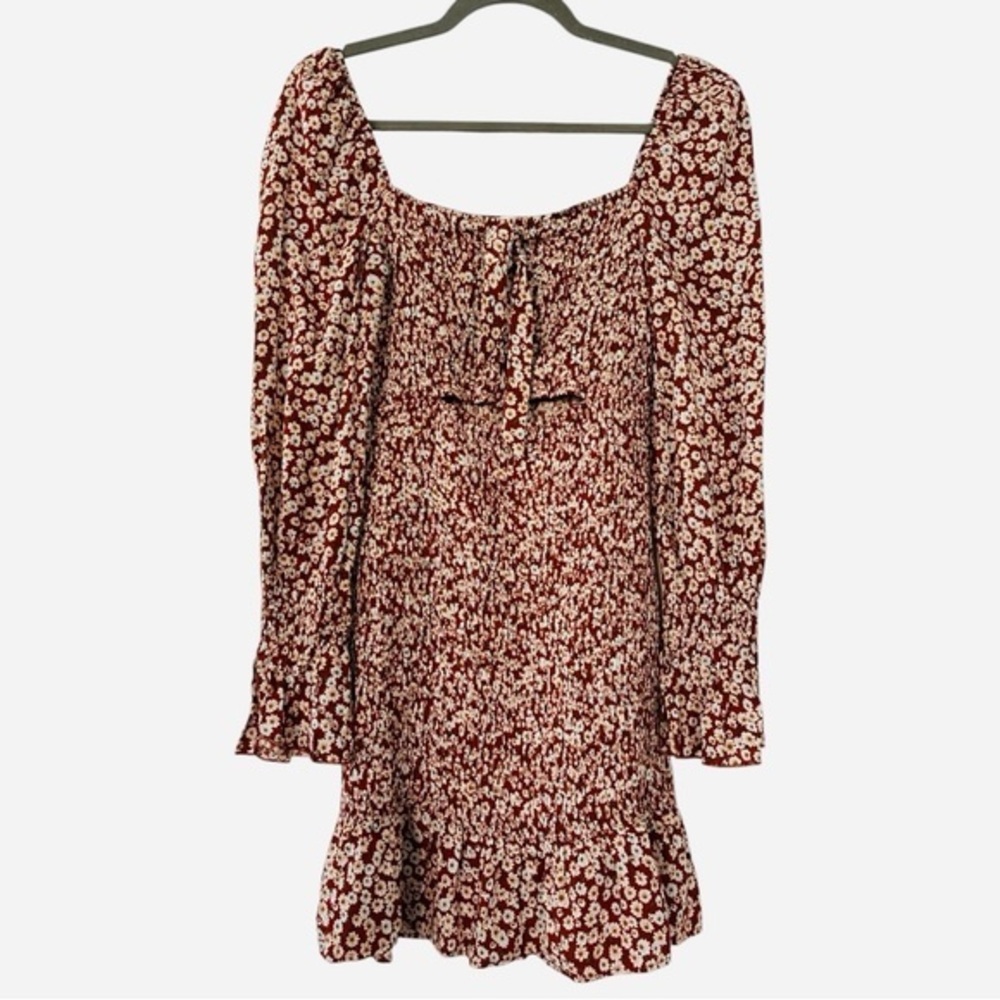 O. Vianca Long Sleeve Floral Smocked Mini Dress in Rust Size Medium